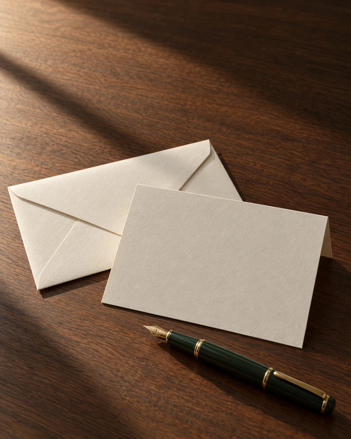Cream envelope, blank correspondence card and dark green fountain pen on a walnut surface.